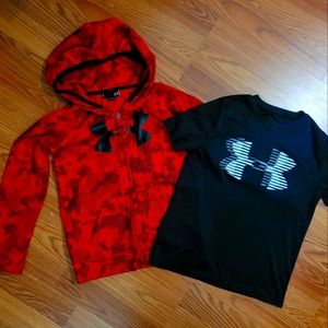 Under Armour Boys Zip Up Hoodie Jacket and Tee - Size 7, Youth Small Red & Black